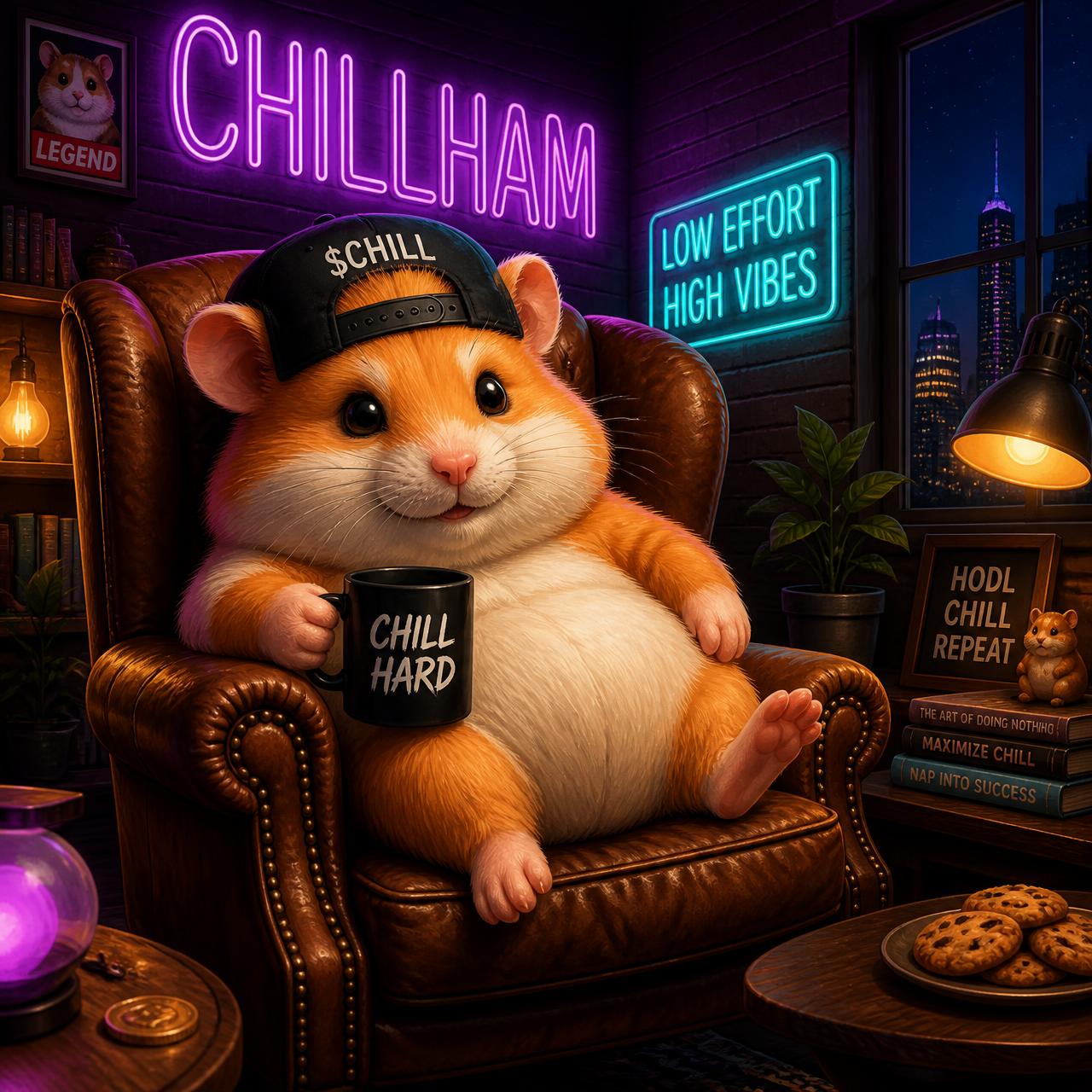 Chillham hamster mascot lounging with a martini